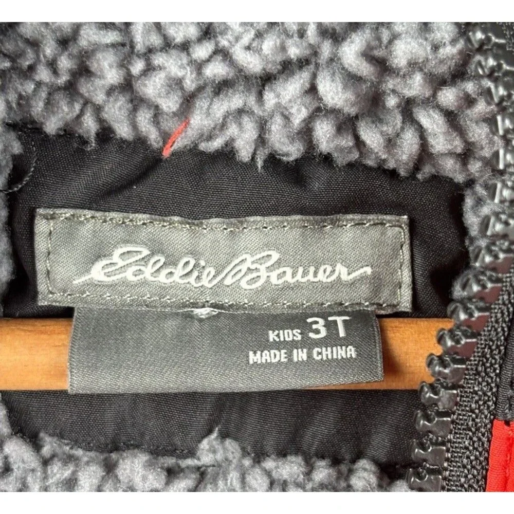 Eddie Bauer Puffer Coat Jacket Kids 3T Red Black Hooded Sherpa Lined